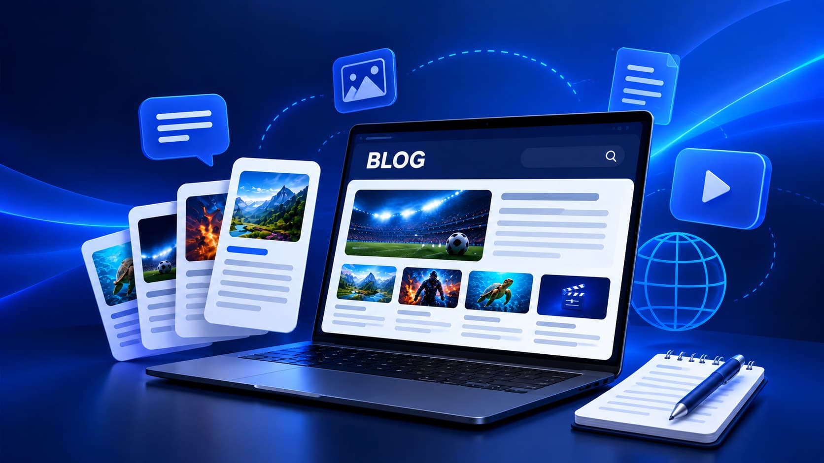 Titelbild zum Ratgeber „Bester IPTV Player für Windows“: Laptop mit IPTV-Ratgeber-Blog und Beitragskarten